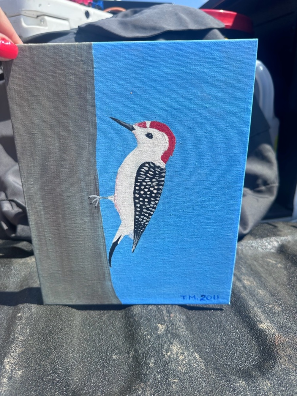 Hand-Painted Woodpecker Canvas Art - Blue Background